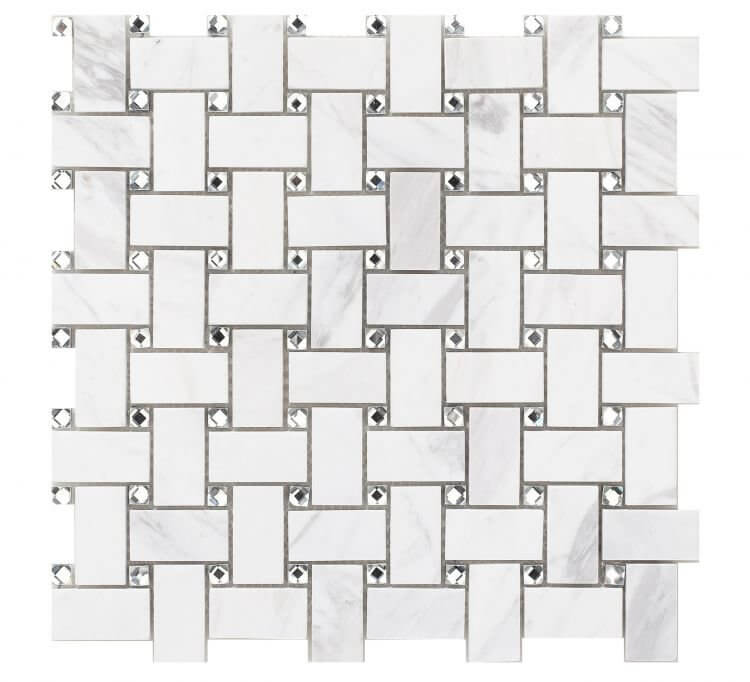 White Volakas marble 1x2" basket weave mosaic with clear diamond glass accents, ideal for elegant interiors.