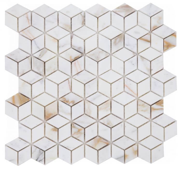 Cubic Calacatta Gold marble mosaic tile in polished finish, 11.75x12, featuring diamond-shaped patterns and a blend of white and gold.
