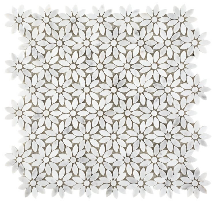 Daisy Wild Carrara marble mosaic tile, 12.50 x 12.75, featuring white flower design with polished finish.