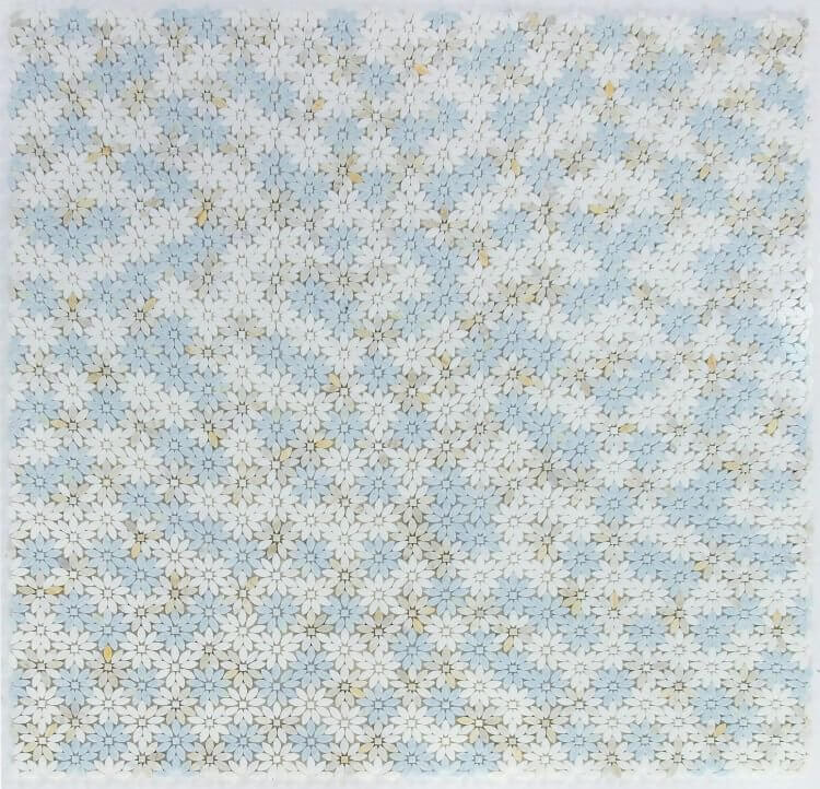 Daisy Wild Marina marble mosaic featuring a mini flower pattern in blue and white, sized 12.5 x 12.75 inches.