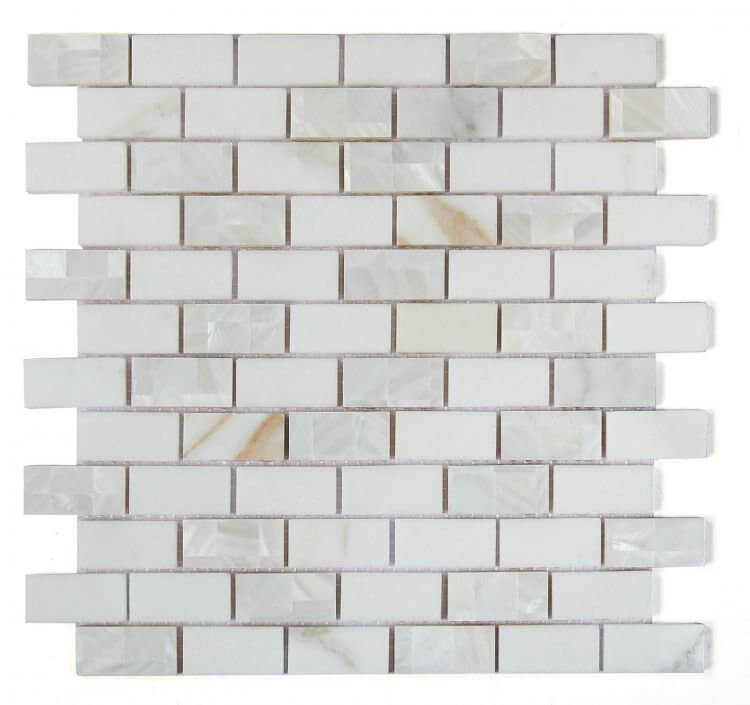 Diana Brick Calacatta mosaic tile 11.75 x 11.75 with Mother of Pearl and Calacatta Gold marble.