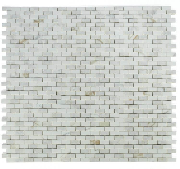 Diana Brick Calacatta mosaic tile, 11.75x11.75, featuring Mother of Pearl and Calacatta Gold marble in a brick pattern.