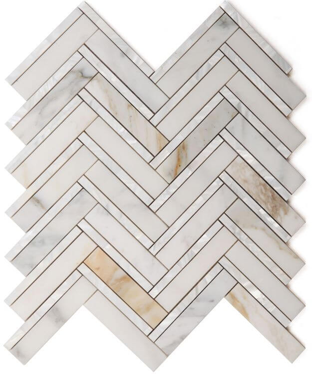 Diana Herringbone Calacatta mosaic tile in white and gold, 11 x 11.75, featuring Calacatta Marble and Mother of Pearl.