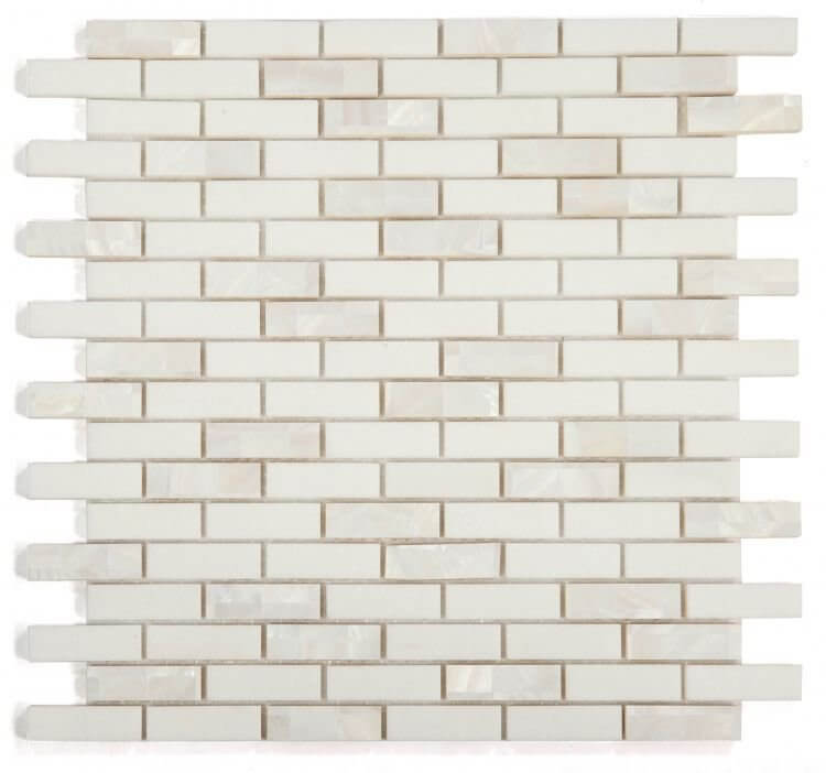 Diana Linear Thassos 11.75x12 tile, white Thassos marble and pearl in linear stacked pattern, 3/8 in thick.