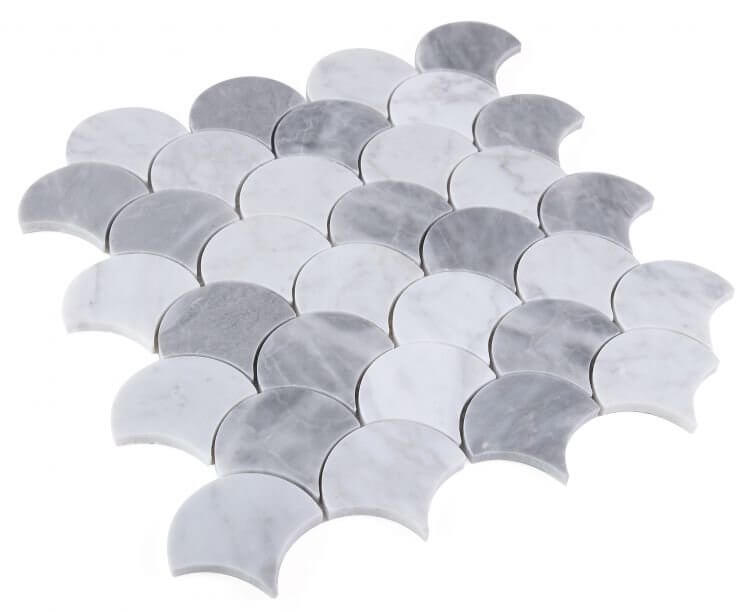 Dragon Scale Dusk 12x12 marble mosaic tile featuring a blend of Carrara and Bardiglio in a polished finish.