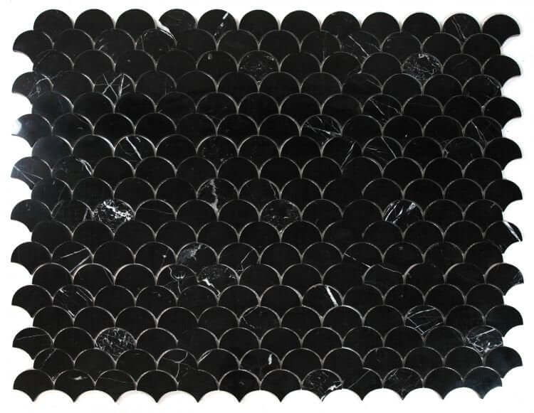 Dragon Scale Marquina 10.5x13 polished black marble mosaic, Nero Marquina tiles in scallop design, 8mm thick.