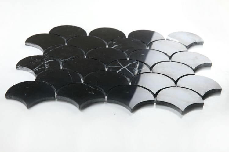 Dragon Scale Marquina 10.5x13 mosaic tile made of polished Nero Marquina marble in black with a scale pattern.