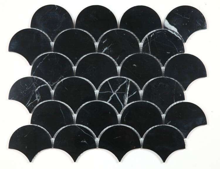 Dragon Scale Marquina 10.5x13 mosaic made of polished Nero Marquina marble, featuring a black scale design.