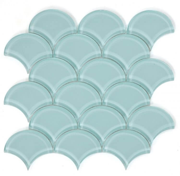 Dragon Scale Mint 9.5 x 9.5 mint green glass mosaic in dragon scale pattern, ideal for swimming pool installations.