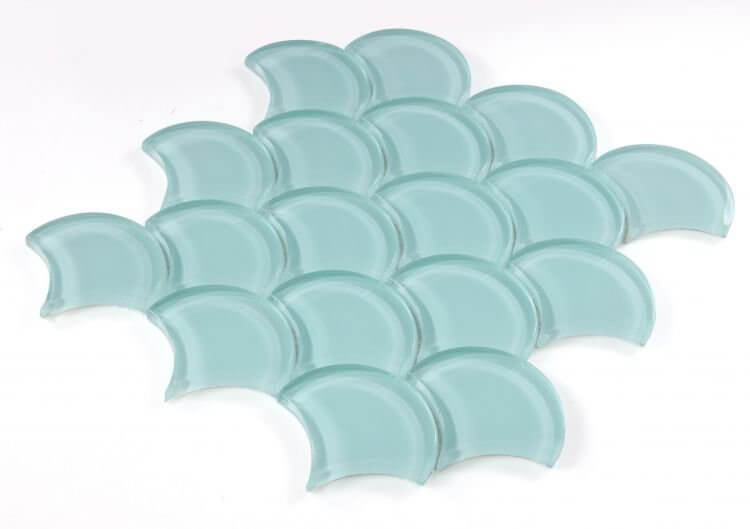 Dragon Scale Mint glass mosaic tiles in a mint green color, featuring a unique dragon scale pattern.