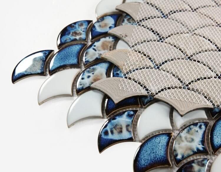 Decorative Dragon Scale Ocean mosaic tiles in blue and white, ideal for swimming pools, handmade porcelain 9.75x12.