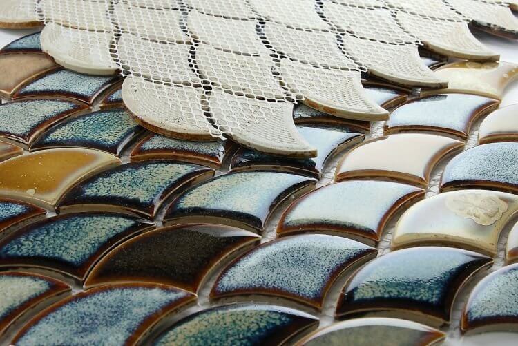 Dragon Scale Olive 10x12 porcelain mosaic tiles in blue, yellow, and beige for swimming pools.