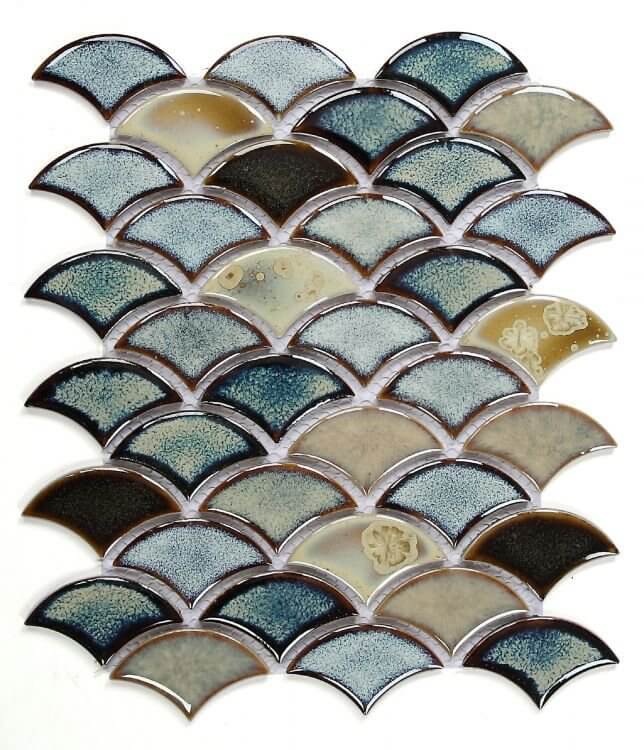 Roman Dragon Scale Olive porcelain mosaic tile in blue, yellow, and beige; ideal for swimming pools and handmade design.