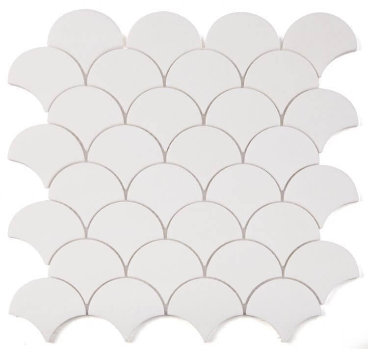 Dragon Scale Thassos 12x12 polished marble mosaic tile in white, perfect for elegant flooring and wall designs.