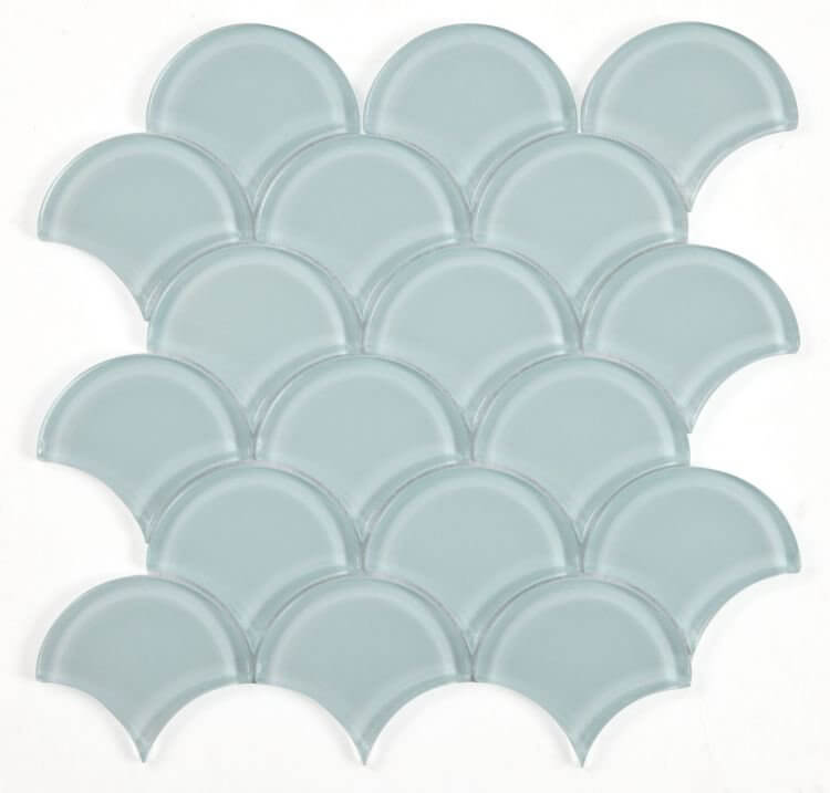 Dragon Scale Turquoise glass mosaic tile in glossy blue-green finish, 9.5 x 9.5, suitable for pools.