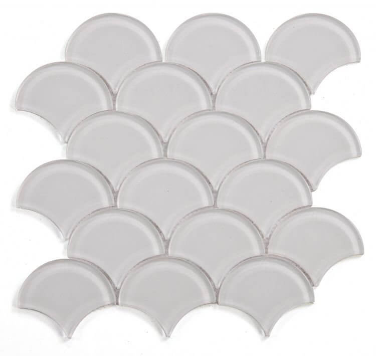 Dragon Scale White Glass mosaic tiles in a fan shape pattern, ideal for swimming pool installations.