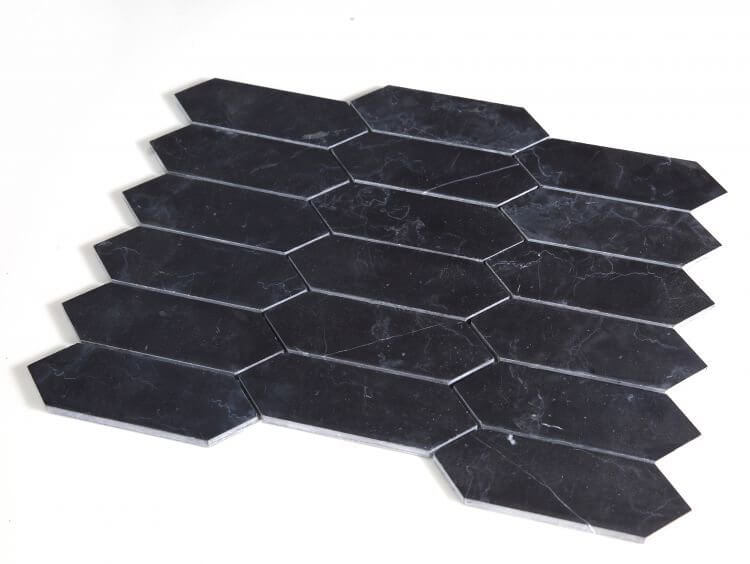 Elongated Hex Marquina marble mosaic tiles in black, 11.75x15 inch hexagon shape, honed finish.