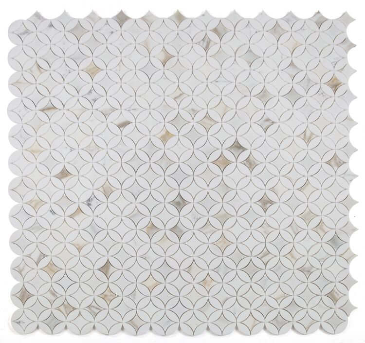 Embrace Calacatta Gold mosaic tiles 11.75 x 11.75 in white and gold; marble material with circular design.
