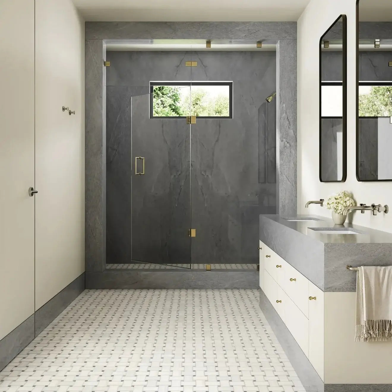 Jumbo Basketweave Honed Marble in Dolomite with Bardiglio Dot 11 - 1/4" x 11 - 1/4" - Hey Tiles