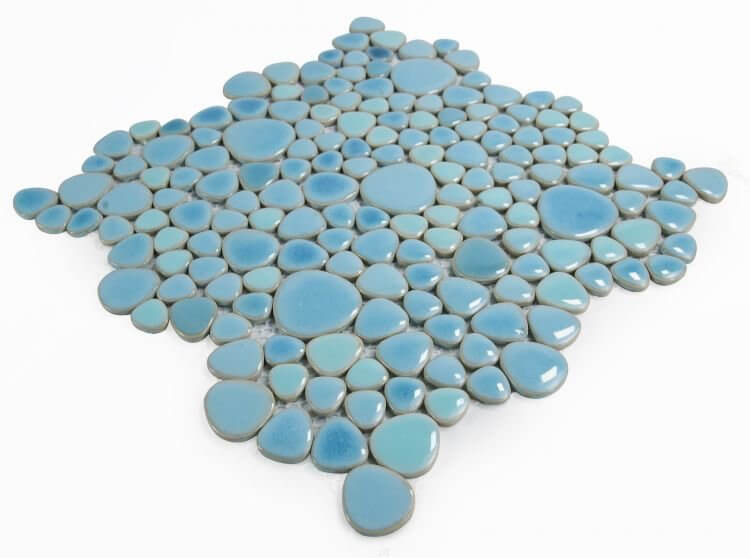 Poseidon Jewel Blue 11.5x11.5 pebble mosaic tile, vibrant aqua tones, ideal for pools and water features.