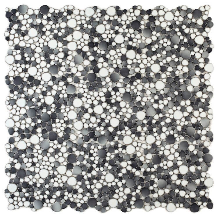 Poseidon Loft 11.50 x 11.50 Pebble Mosaic Tile in gray and white, featuring smooth, organic shapes for a modern aesthetic.