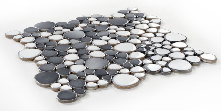 Loft 11.50 x 11.50 Pebble Mosaic Tile featuring black, white, and gray porcelain pebbles for modern decor.
