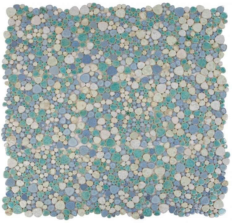 Poseidon Sea Pebble 11.5x11.5 mosaic tile featuring smooth, textured porcelain pebbles in shades of blue and green.