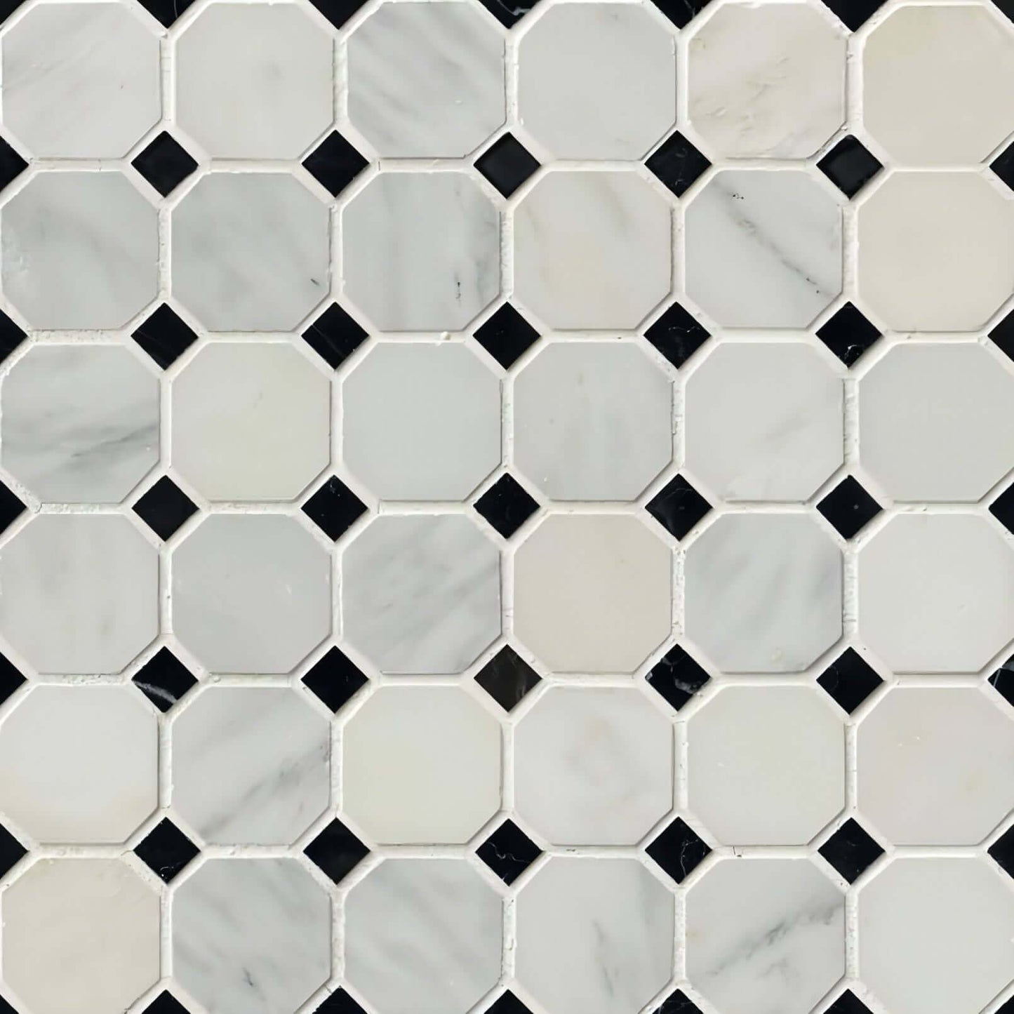 Greecian White 2” Octagon with Black 5/8x5/8 Polished 12x12 - Hey Tiles