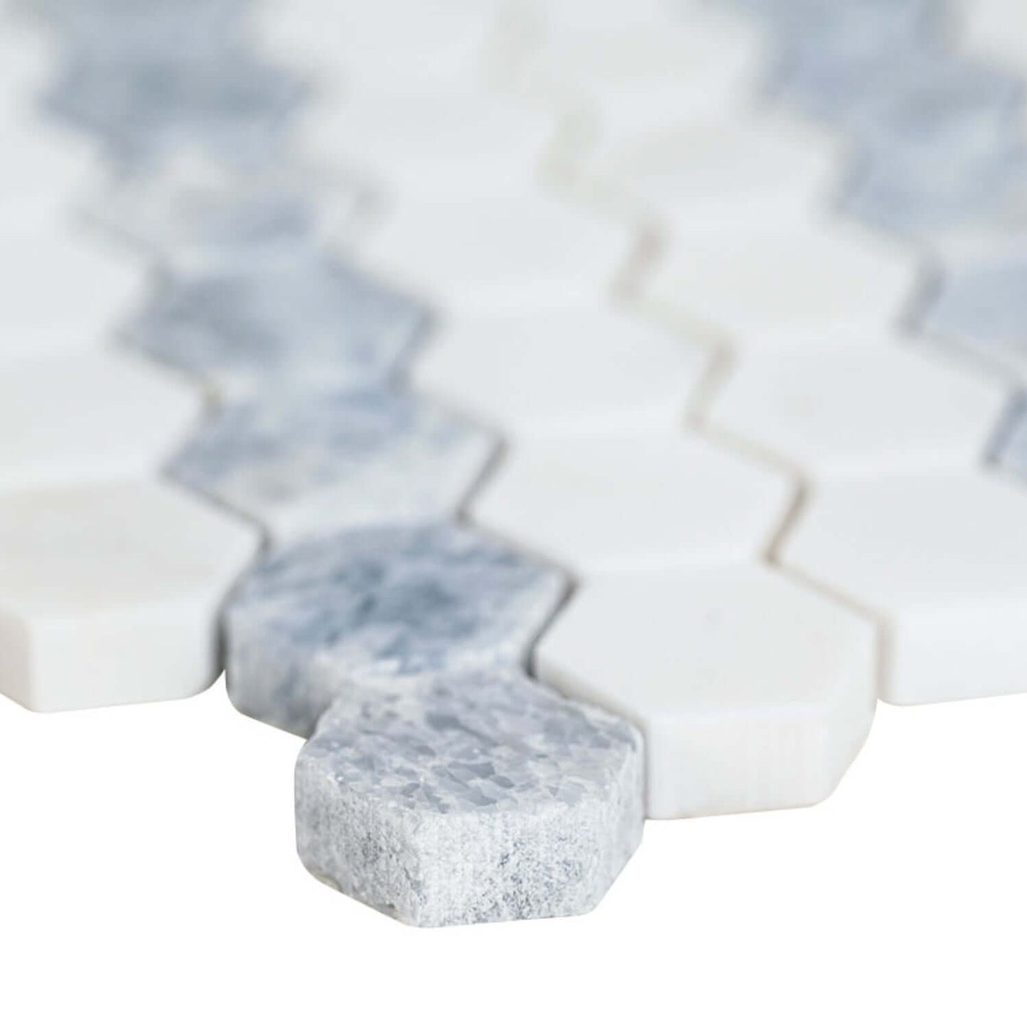 1” Azula Sazi Polished Hexagon Mosaic, Thassos White + Blue Azul - Hey Tiles
