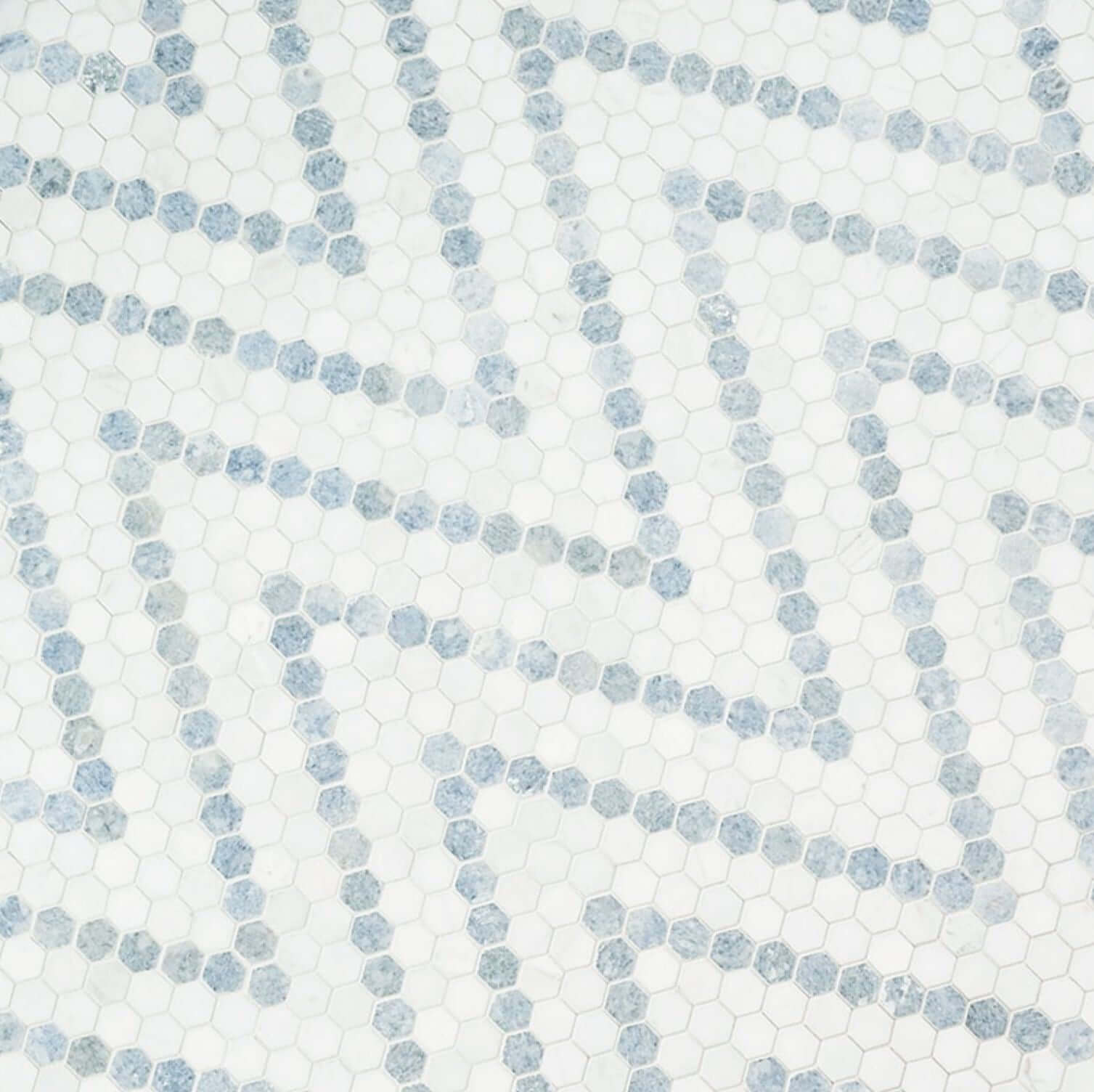 1” Azula Sazi Polished Hexagon Mosaic, Thassos White + Blue Azul - Hey Tiles