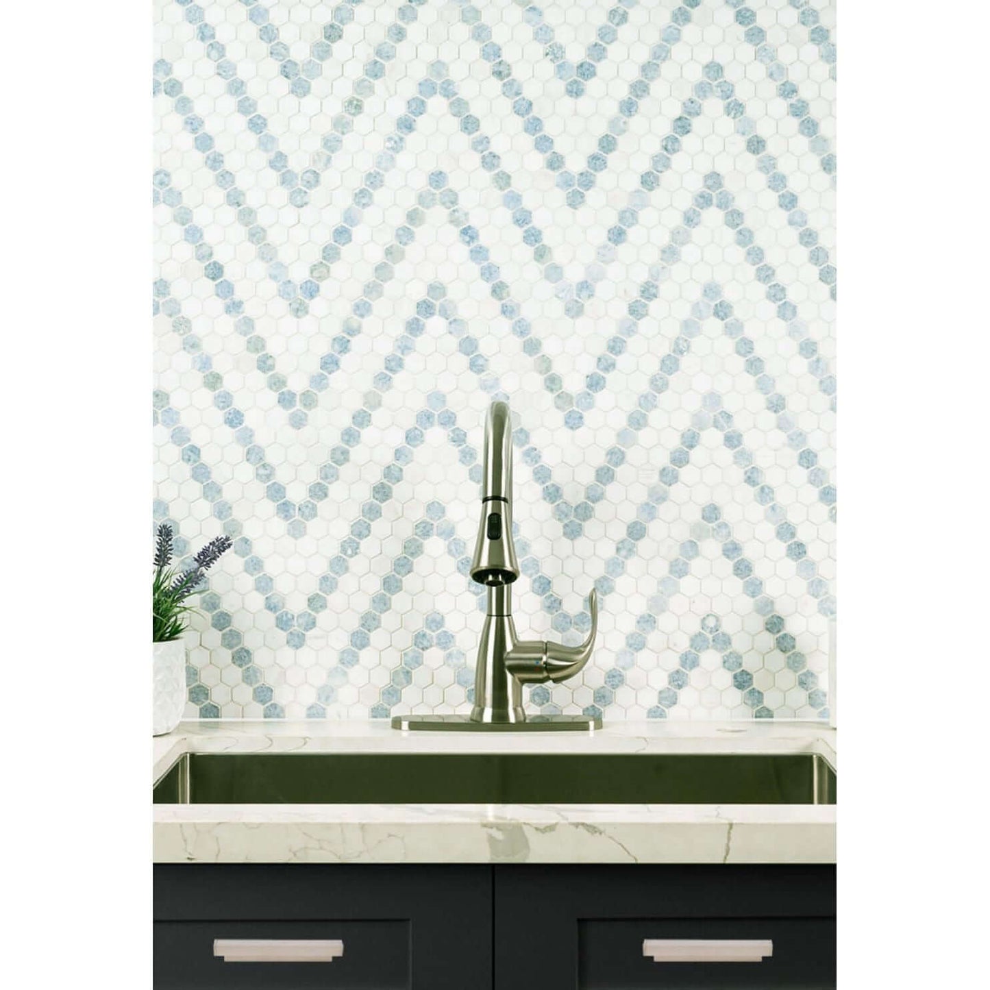 1” Azula Sazi Polished Hexagon Mosaic, Thassos White + Blue Azul - Hey Tiles