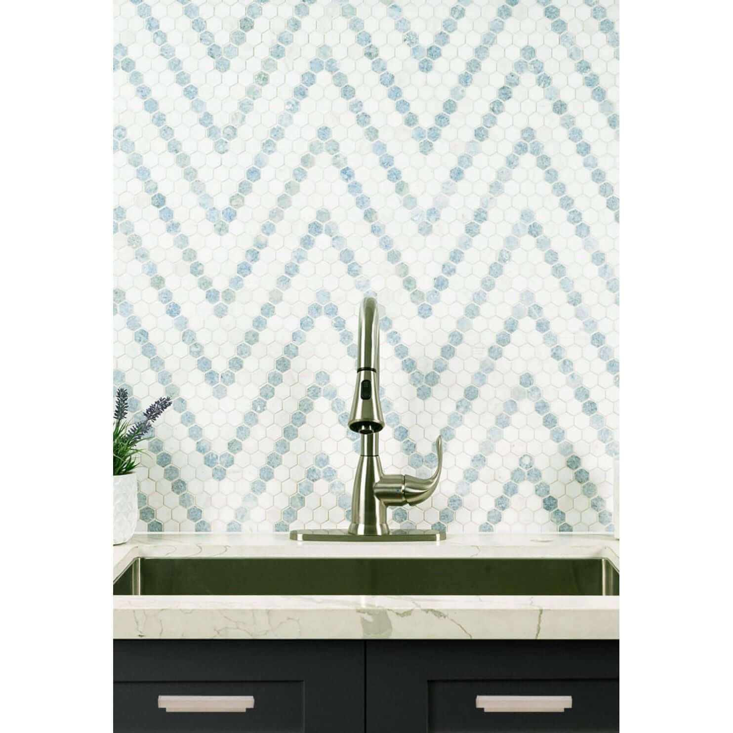 1” Azula Sazi Polished Hexagon Mosaic, Thassos White + Blue Azul - Hey Tiles