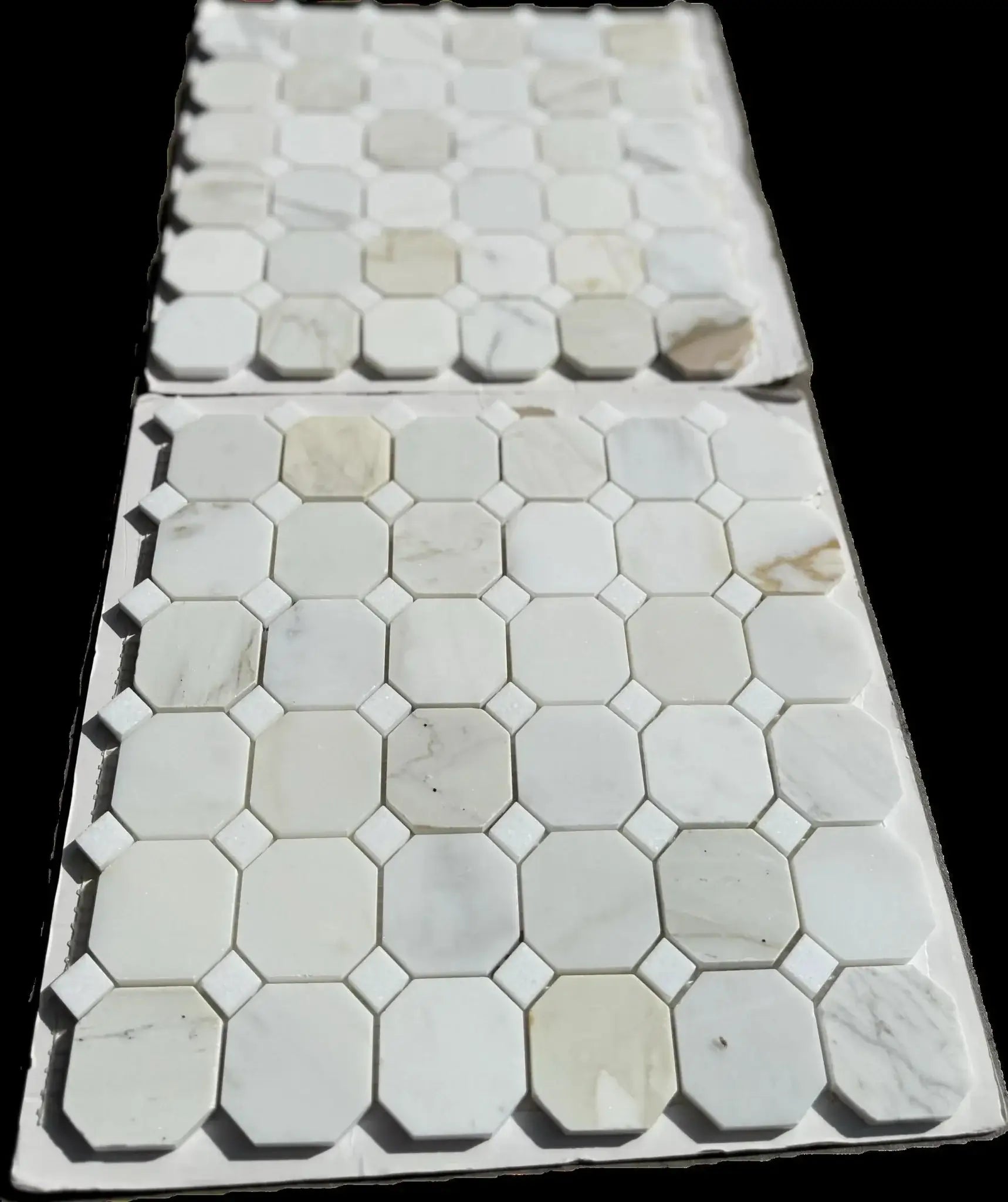12x12 Tuscan Calacatta Gold octagon mosaic tile showing luxurious white and gold veining design.