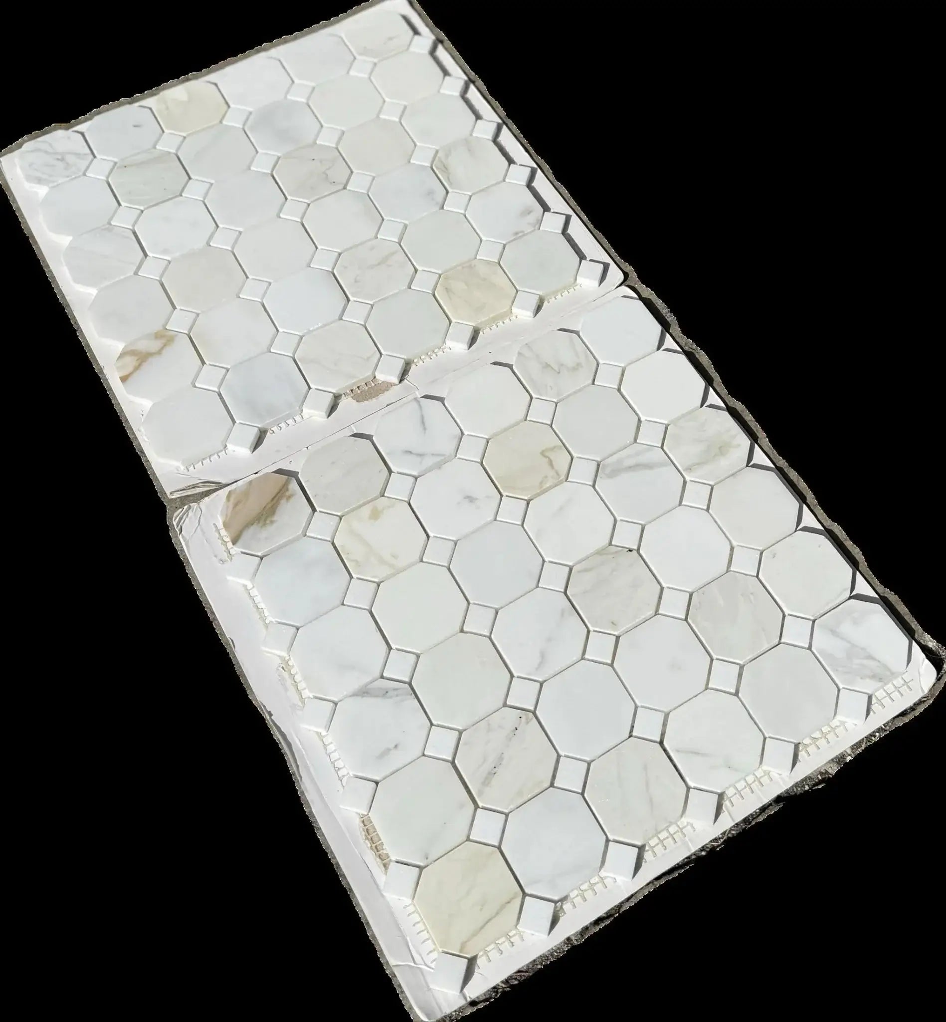 12x12 Calacatta Gold octagon mosaic tile showcasing stunning white and gold veining in a classic design.