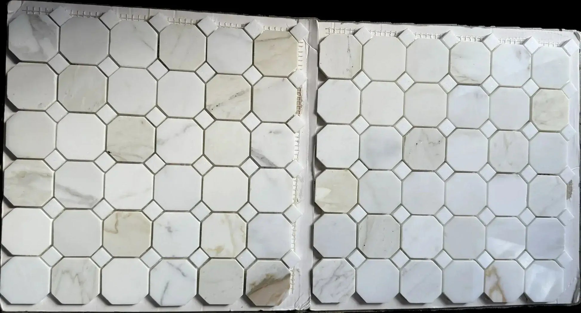 12x12 Calacatta Gold octagon mosaic tile with a white background and gold veining, ideal for elegant flooring or walls.