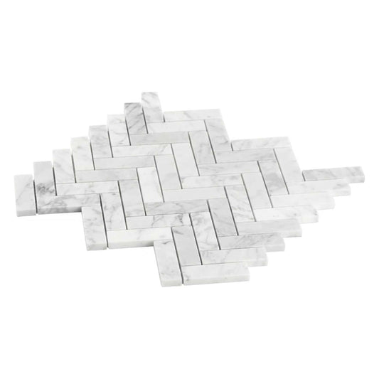 1x3 Carrara White Marble Herringbone Mosaic Tile - Hey Tiles