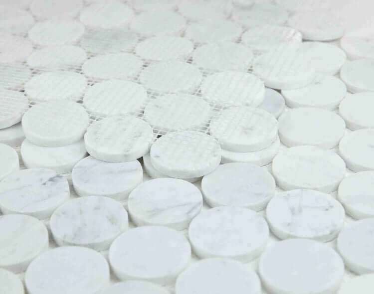 2” Carrara White Honed Penny Round Mosaic Tile - Hey Tiles