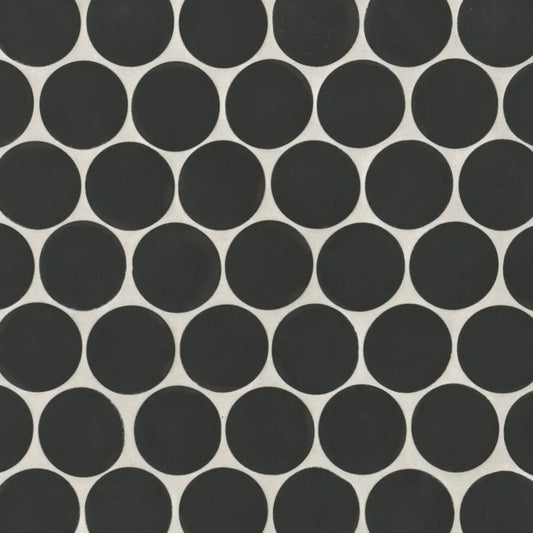 2" Round Porcelain Mosaic Tile in Kuroi Black 10x10 - Hey Tiles