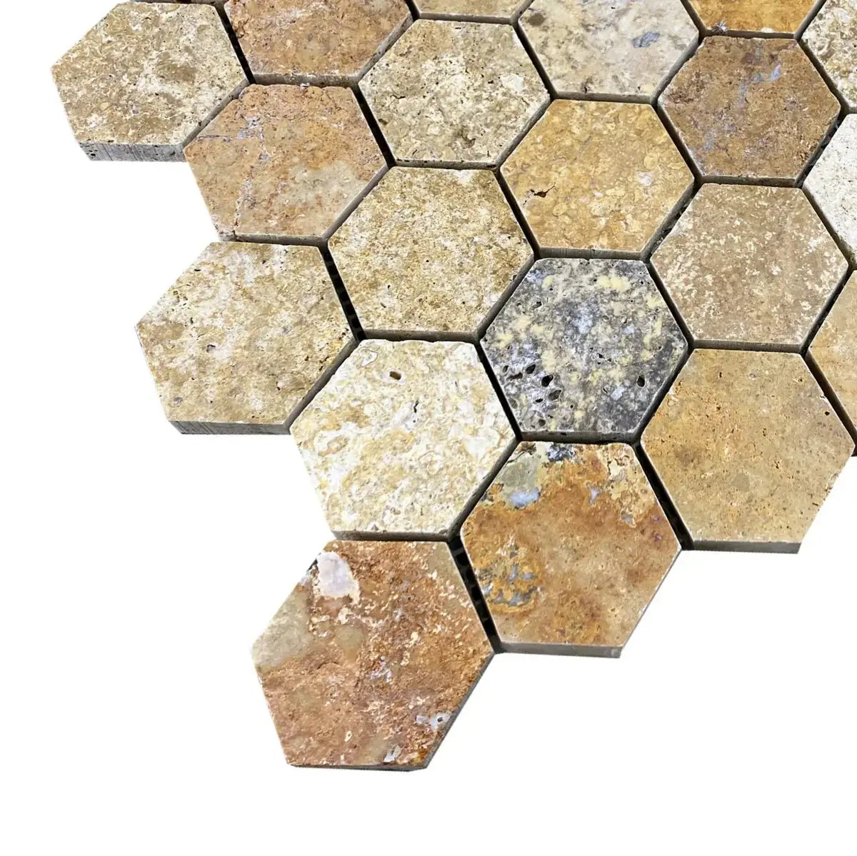 2” Scabos Travertine Hexagon Mosaic Honed - Hey Tiles
