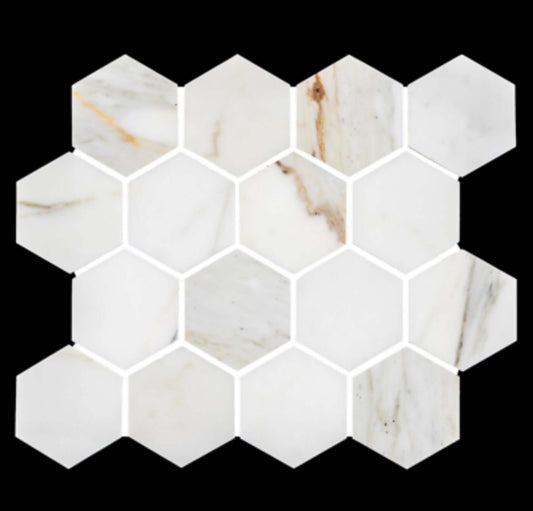 3" Calacatta Gold Marble Polished Hexagon Mosaic Tile - Hey Tiles
