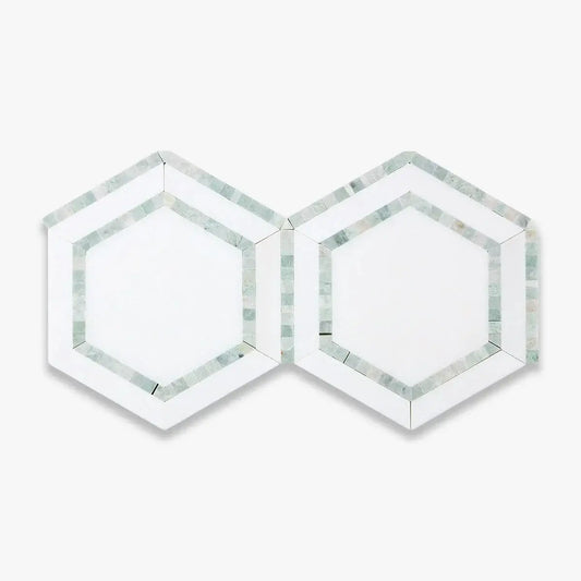 5” Thassos White (Greek) Marble + Ming Green Hexagon Combination Mosaic Tile - Hey Tiles