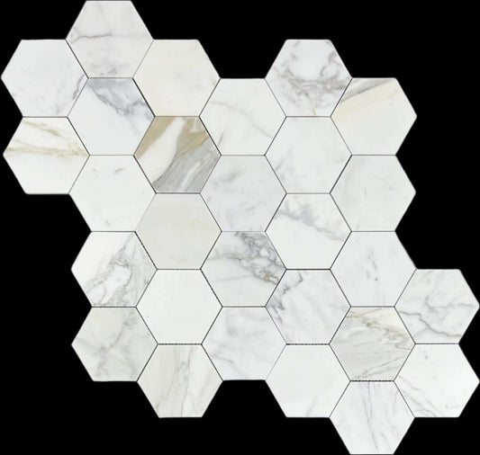 5” Tuscan Calacatta Oro Hexagon Mosaic Tile