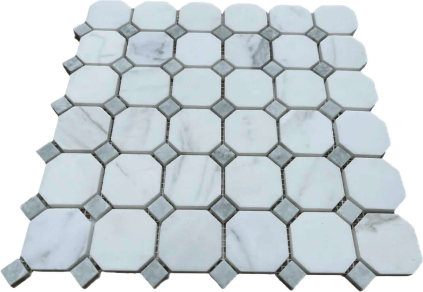 Calacatta Green Octagon Mosaic Tile featuring luxurious green veining on a crisp white background.