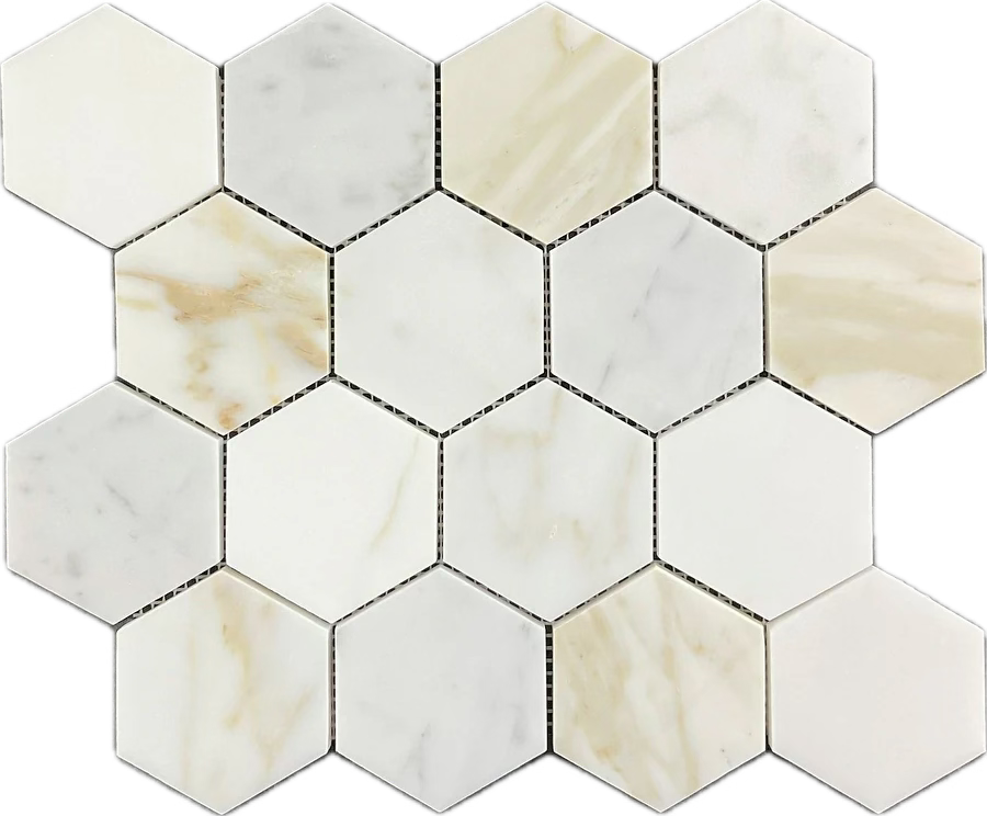 3" Tuscan Calacatta Oro Marble Hexagon Mosaic Tile