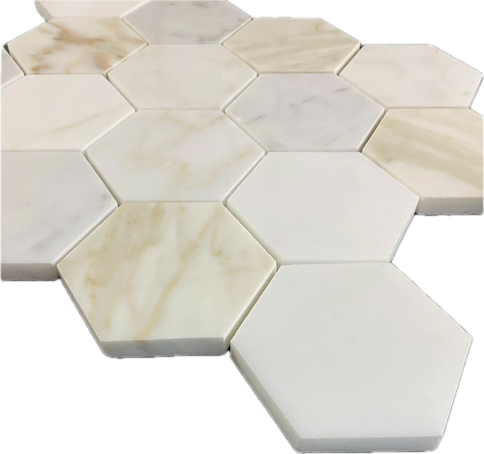 3" Tuscan Calacatta Oro Marble Hexagon Mosaic Tile