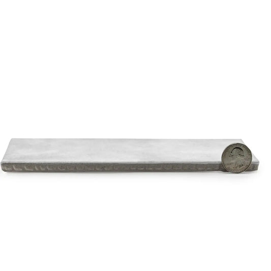 Cloé 2.5" x 8" glossy grey ceramic tile demonstrating sleek design and modern elegance next to a quarter for size reference.