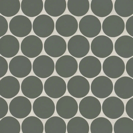 Makoto 2" round matte porcelain mosaic tile in Midori Green, featuring a pattern of soothing circular shapes.