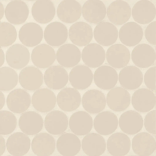 Makoto 2" round matte porcelain mosaic tile in Tatami Beige, featuring elegant circular shapes and warm tones.