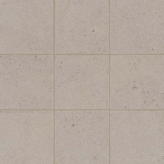 Thaddeus 4" x 4" matte porcelain mosaic tile in taupe, featuring a classic square format and soft non-reflective finish.