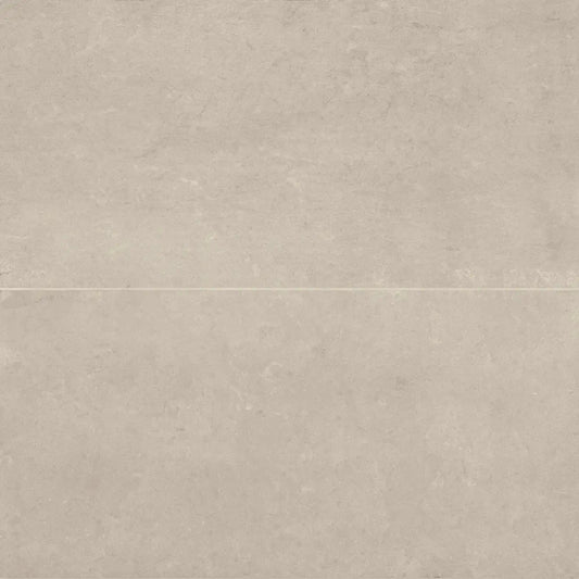 Thaddeus 24" x 48" matte porcelain tile in warm almond color, R11 anti-slip rated for safety in wet areas.